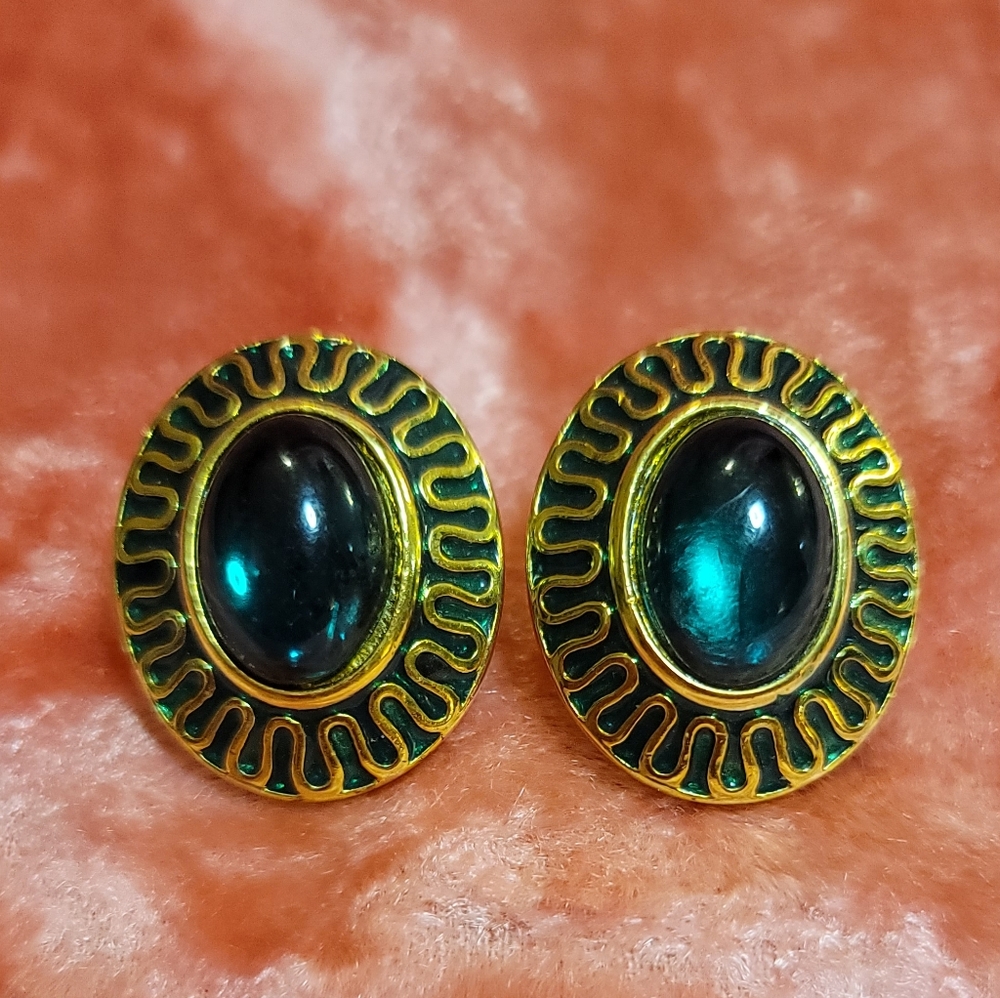 Vintage Galleria Stud Earrings - Enamel & Emerald Glass Oval Cabachon- Pierced
